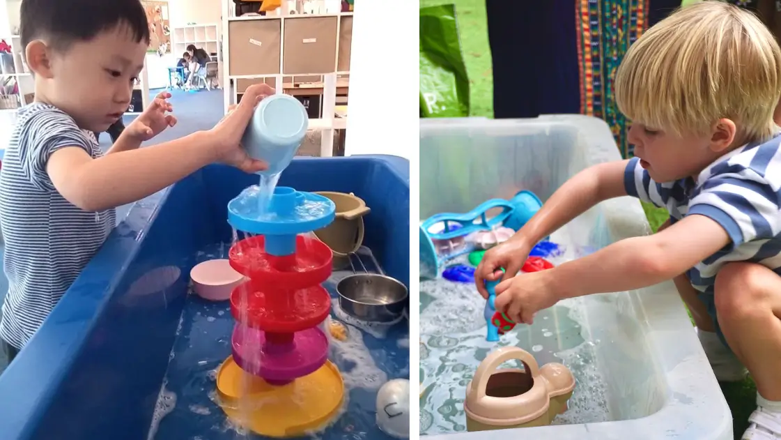 Little autistic boys playing with water pouring stations