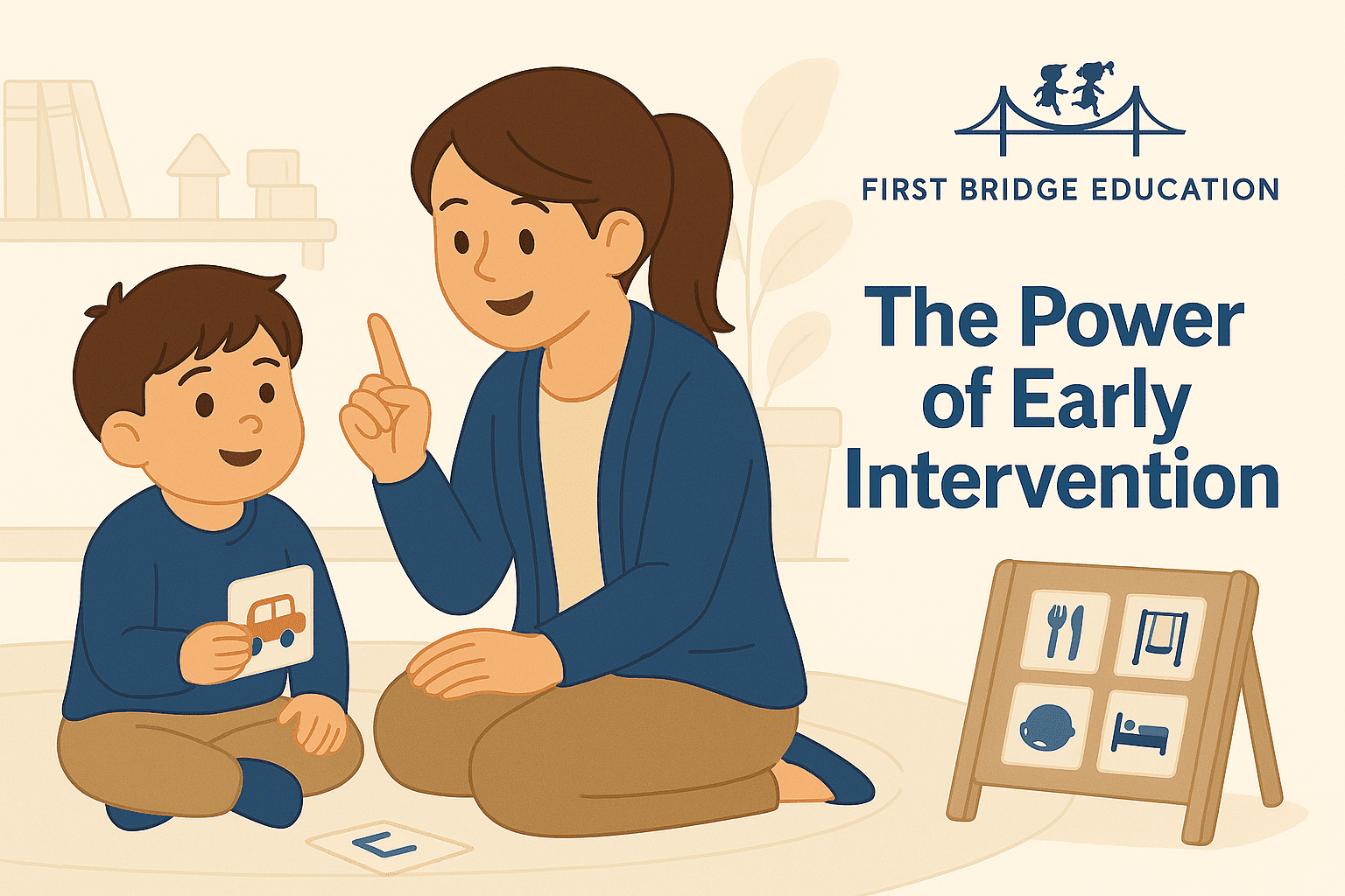 Illustration of a nursery child in an ABA therapy session with a therapist using flashcards and a visual schedule at First Bridge Education, highlighting the benefits of early autism intervention before age 3, including improved communication, reduced behaviours, and school readiness.