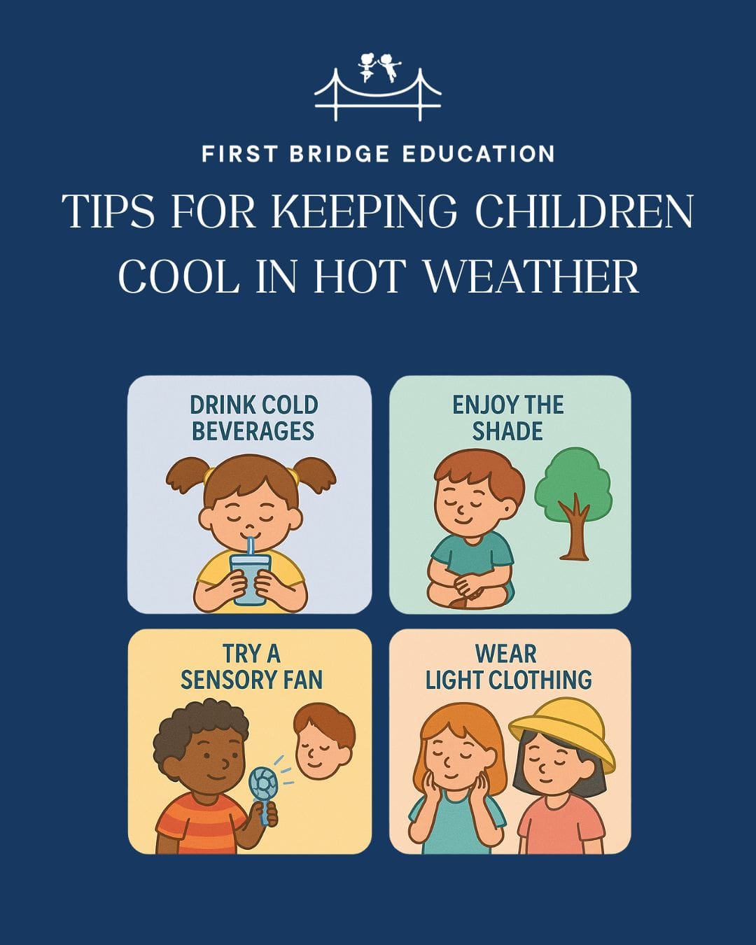 Illustrated infographic by First Bridge Education titled “Tips for Keeping Children Cool in Hot Weather,” featuring four panels with diverse cartoon children demonstrating summer safety strategies: drink cold beverages, enjoy the shade, try a sensory fan, and wear light clothing. Designed for families of young children, including those with autism or sensory needs.