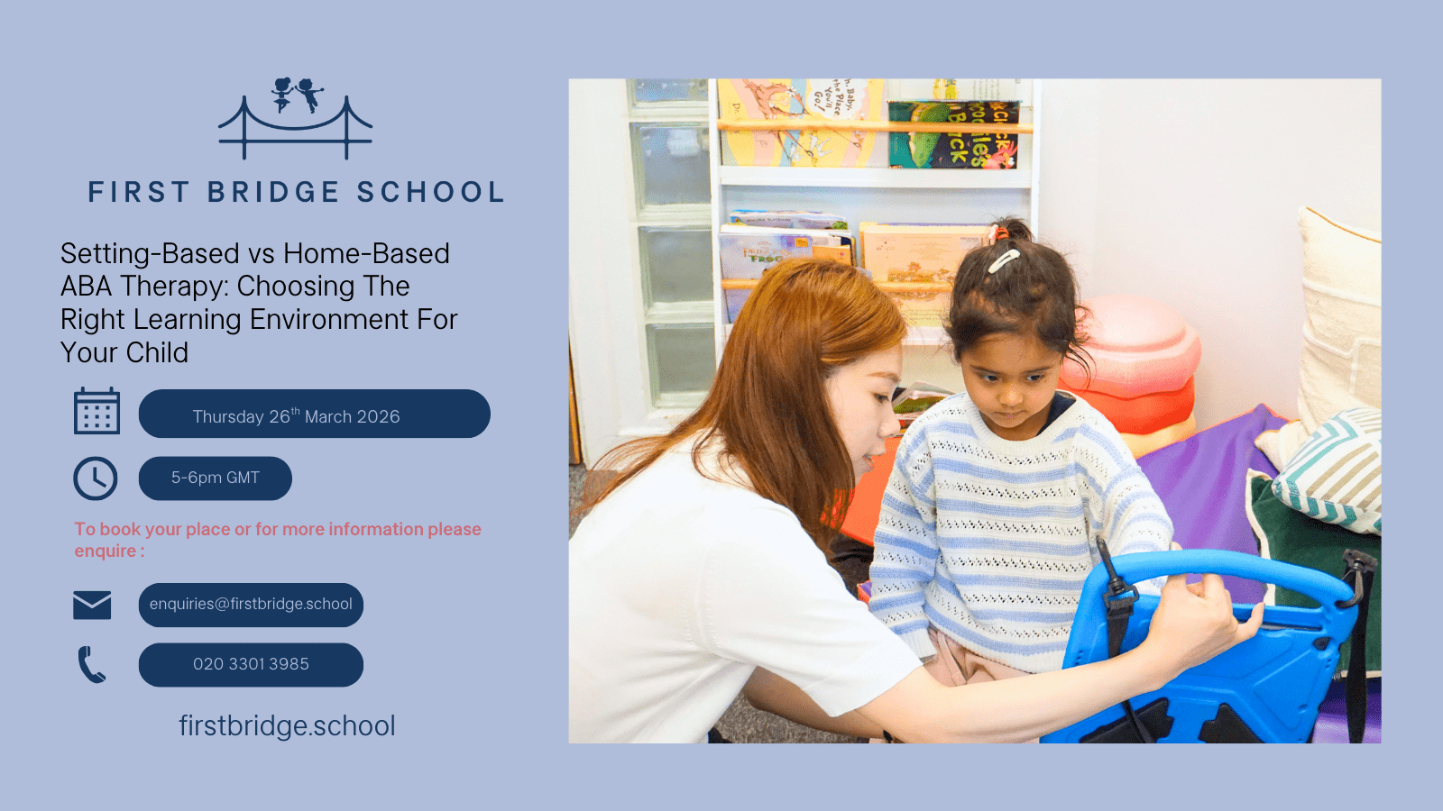 Setting-Based VS Home-Based ABA Therapy Setting-based vs Home-based ABA: Which setting supports better outcomes? Join us as we break down the research! Join us online to explore how different therapy environments can shape the development of children with autism. Home-Based vs Setting-Based ABA Therapy Choosing the Right Environment for Your Child When considering Applied Behaviour Analysis (ABA) therapy, families often choose between home-based and setting-based therapy. Each offers unique benefits depending on a child’s needs, learning style, and family circumstances. In this webinar, our clinical team will explore key factors that influence this decision, including structure, social opportunities, family involvement, and progress tracking. You will gain practical insight and greater confidence in choosing the environment that best supports your child’s development. Presented by: Mikaela Green — Clinical Director / BCBA® Andreea Ghilea — Clinical Lead / BCBA®